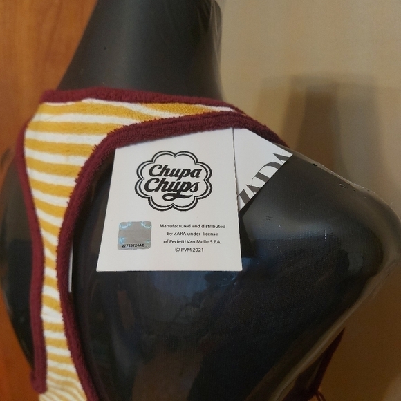 Y2K ZARA Tank Top Yellow Striped Sleeveless Halter Back with Chupa Chups Patch - Picture 4 of 6